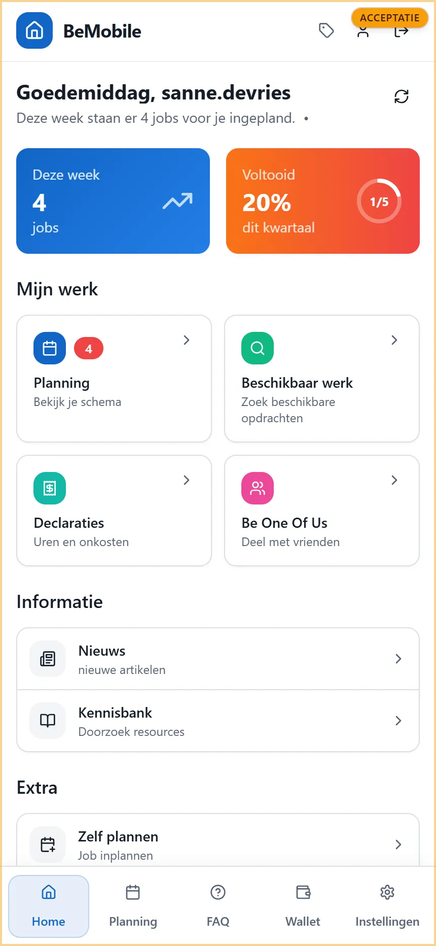 Het startscherm van de app met de begroeting, de tegels Deze week en Voltooid, en de secties Mijn werk, Informatie en Extra