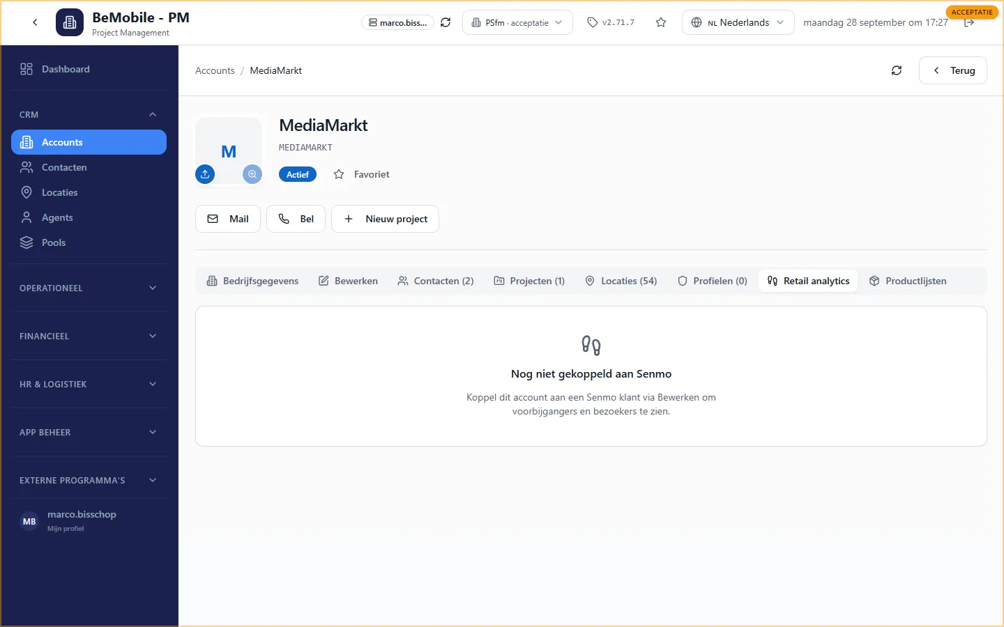 Het tabblad Retail analytics met de periodekeuze en de melding dat het account nog niet aan Senmo is gekoppeld