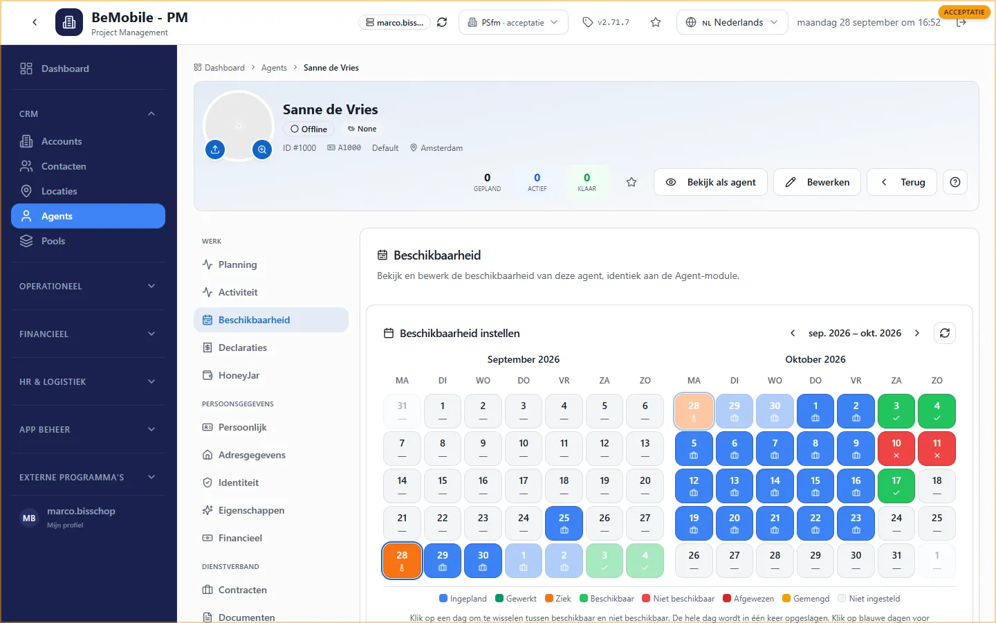 Het tabblad Beschikbaarheid op de agentkaart met de kalender van twee maanden