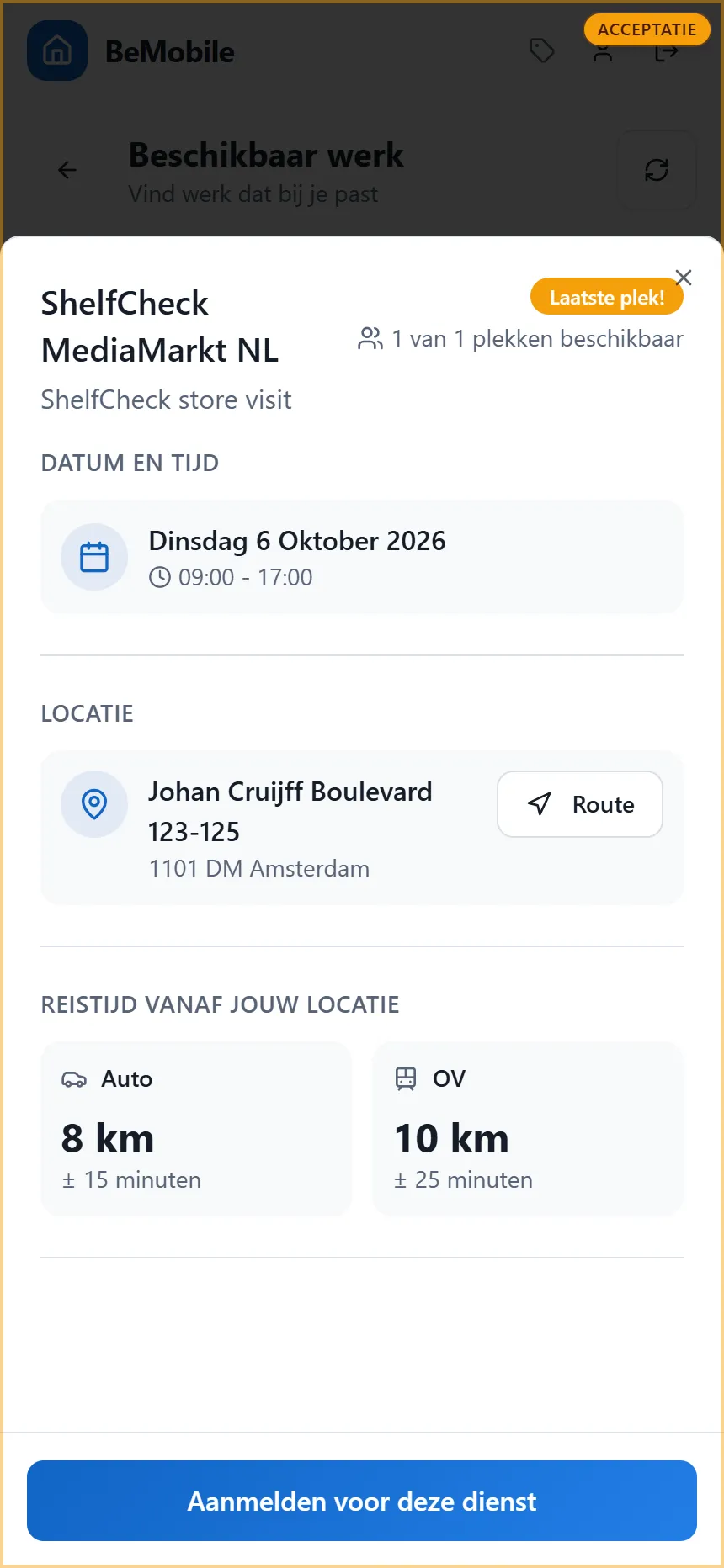 Het detail van een open dienst met datum en tijd, locatie met routeknop, reistijd en de knop Aanmelden voor deze dienst