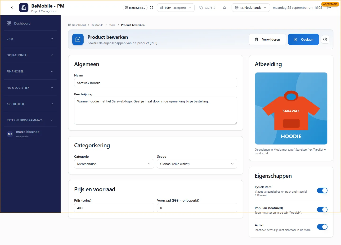 De bewerkpagina van een product met de kaarten Algemeen, Categorisering, Prijs en voorraad, Afbeelding en Eigenschappen