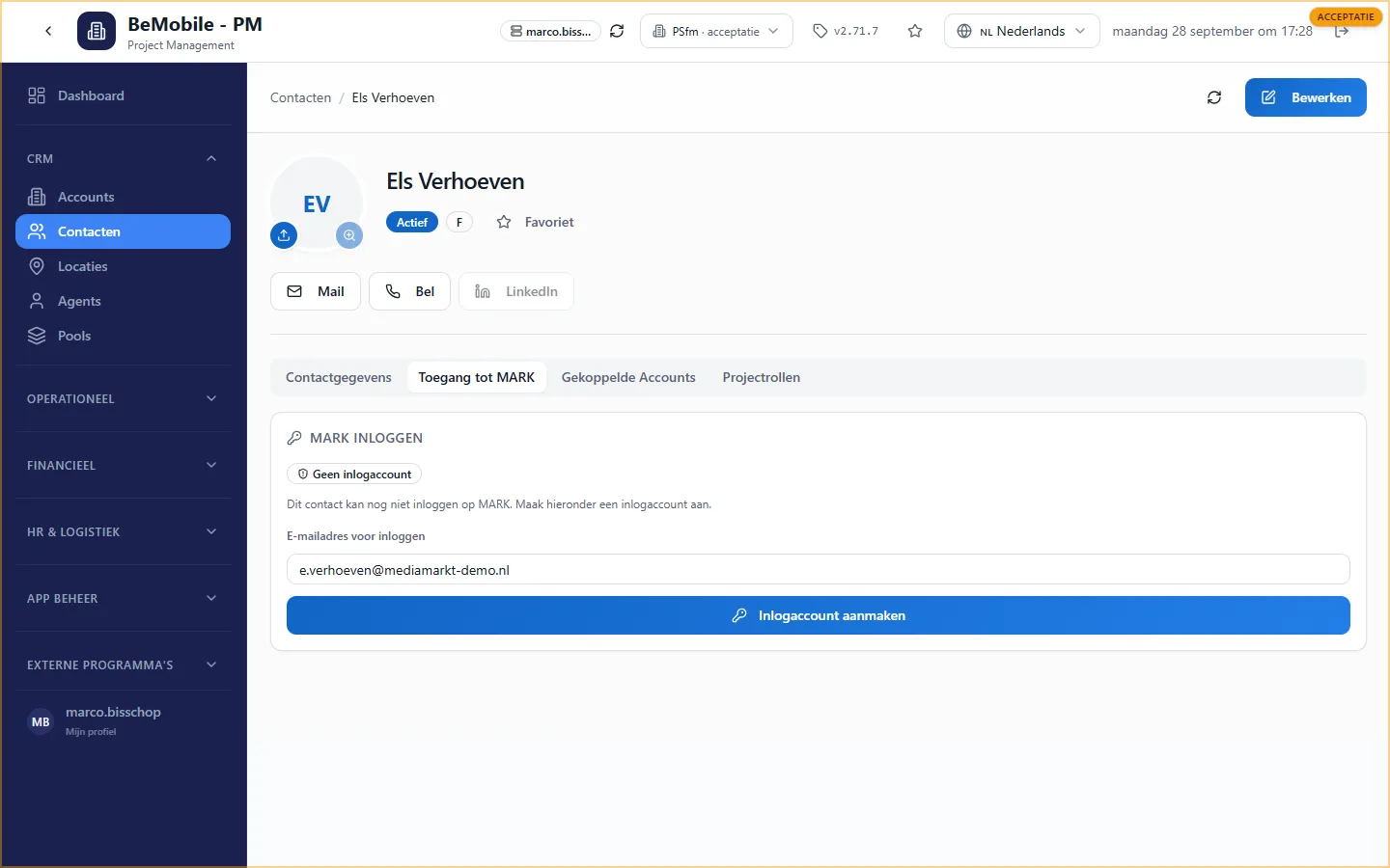 De contactpagina met de tab Toegang tot MARK, de status Geen inlogaccount, het e-mailadres en de knop Inlogaccount aanmaken