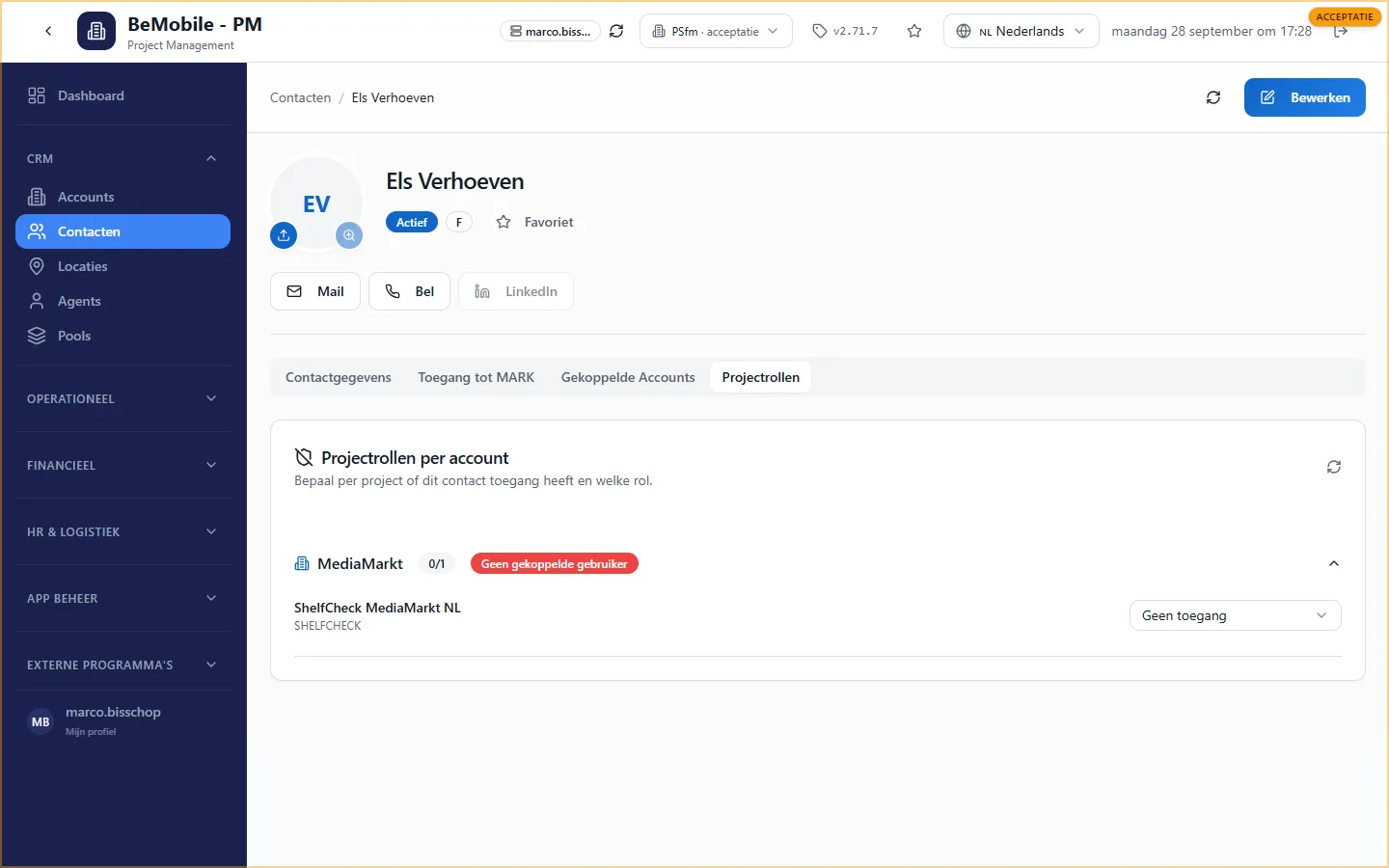 Het tabblad Projectrollen met per account de projecten en de rolkeuze
