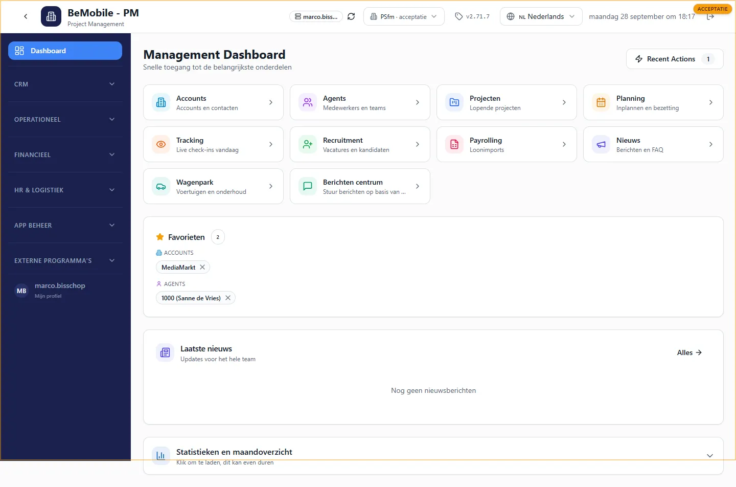Het Management Dashboard met de tien snelkoppelingen, de favorieten, het laatste nieuws en het uitklapbare blok Statistieken en maandoverzicht