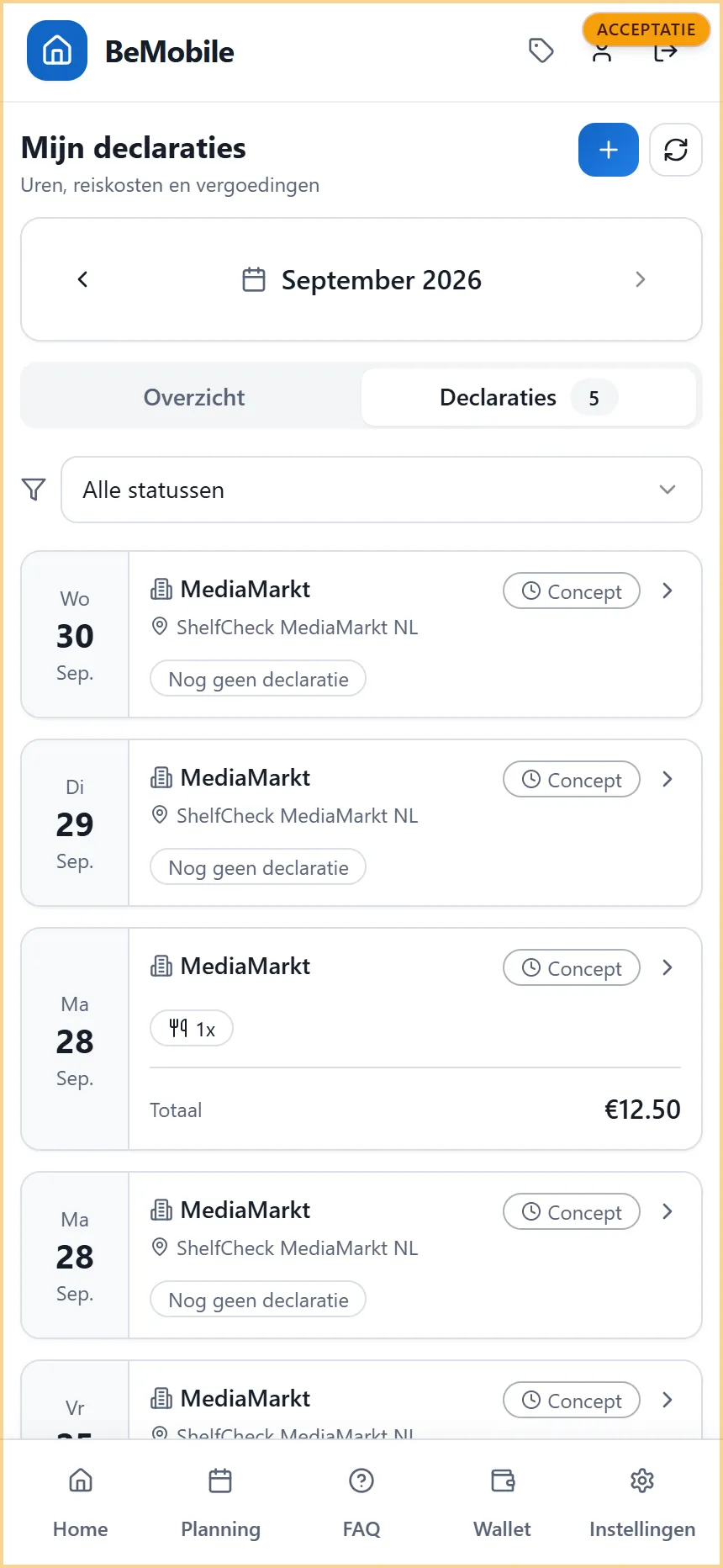 De tab Declaraties met per werkdag een kaart, waarvan één met een lunchvergoeding en een totaal