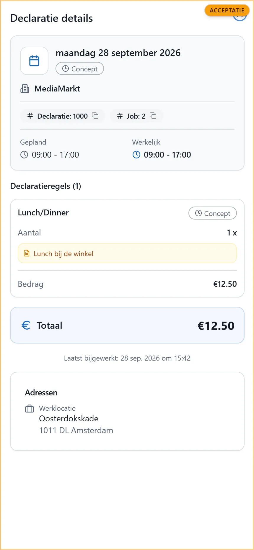 Declaratie details van een job met de status, de kop met tijden en de regels