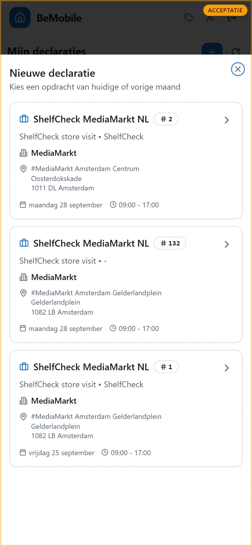 Stap 1 van een nieuwe declaratie: de lijst met jobs om uit te kiezen