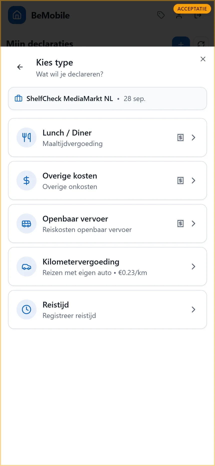 Stap 2: de keuze van het type, met Lunch / Diner, Overige kosten, Openbaar vervoer, Kilometervergoeding en Reistijd