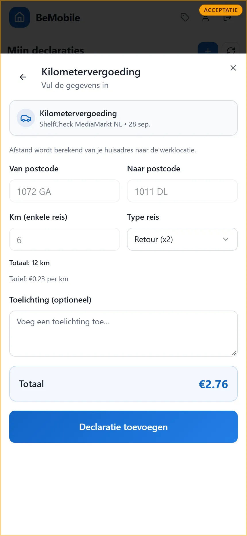 Stap 3 voor Kilometervergoeding: de postcodes, de kilometers enkele reis, Type reis Retour, het tarief en het totaal