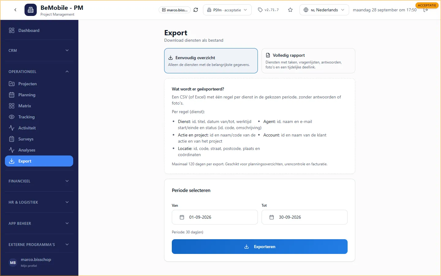 De exportpagina met de keuze Eenvoudig overzicht of Volledig rapport en de periode