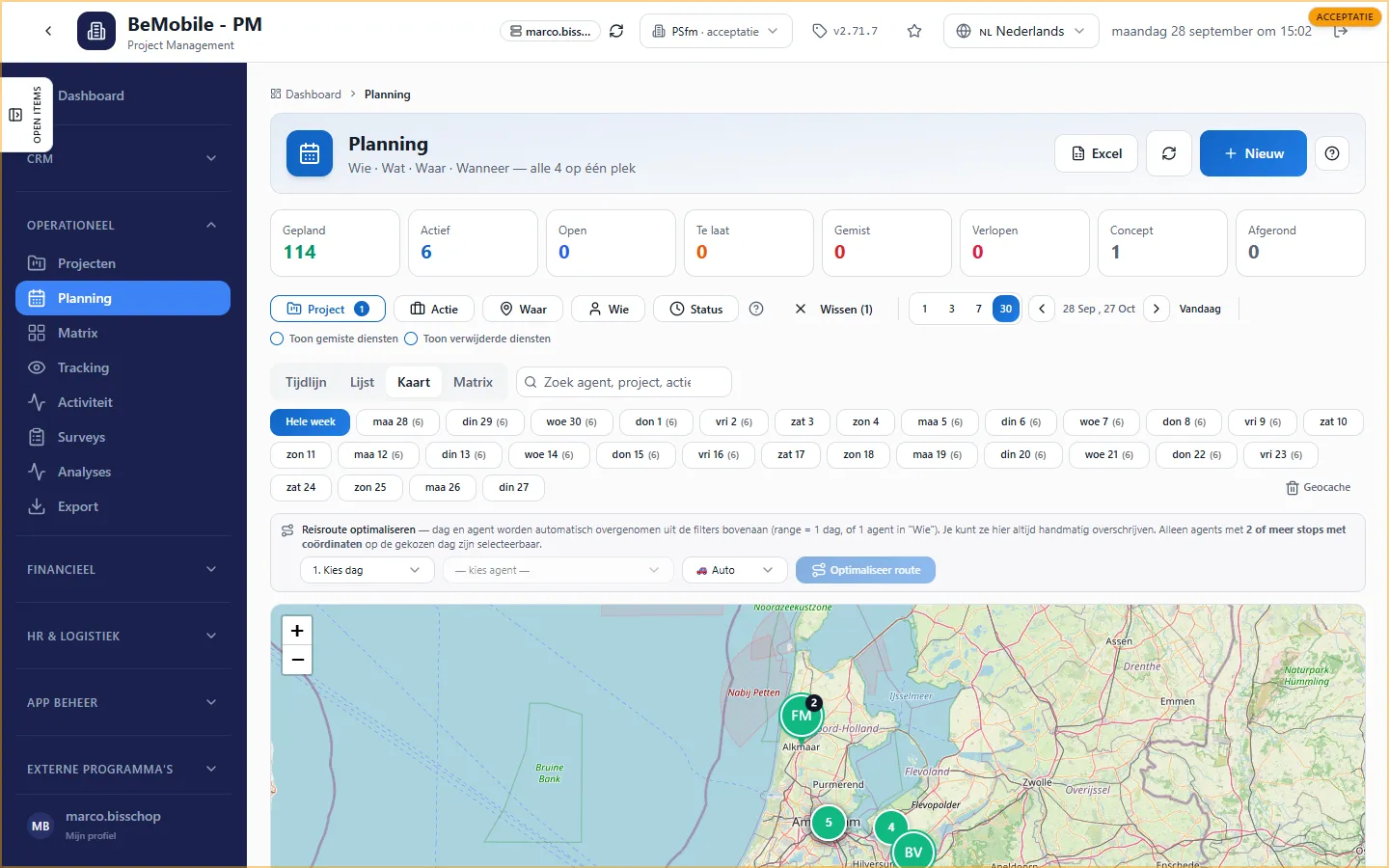 De kaartweergave van de planning met dagknoppen, het routepaneel en gebundelde spelden op de kaart van Nederland
