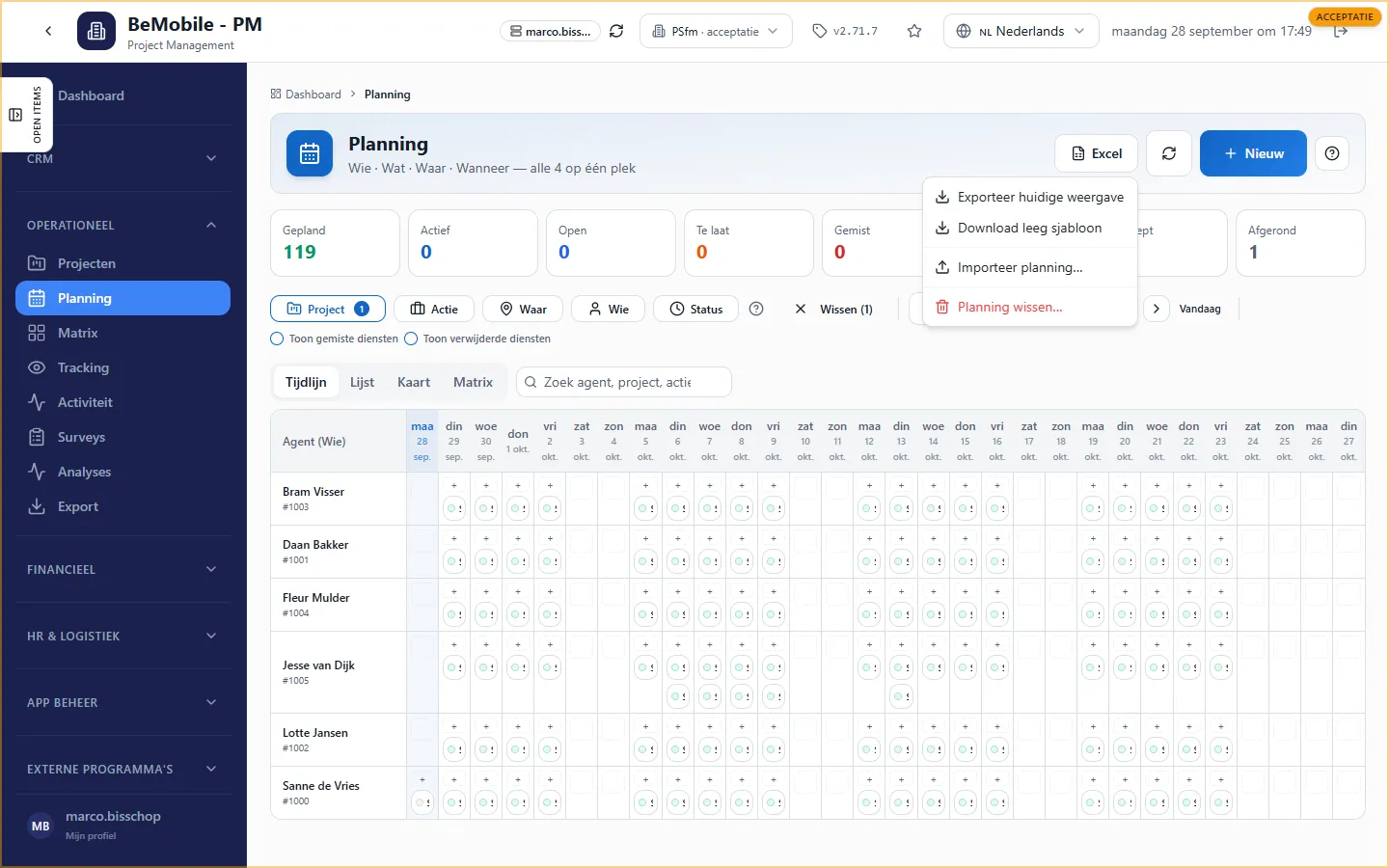 Het Excel-menu op de planningspagina met Exporteer huidige weergave, Download leeg sjabloon, Importeer planning en Planning wissen