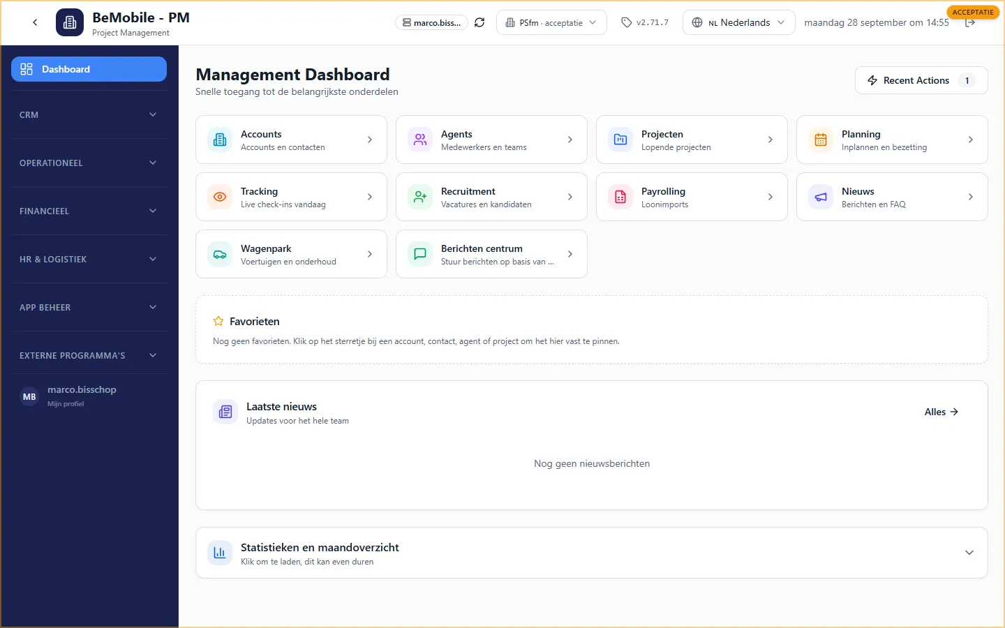 Het dashboard van MARK met het menu links, de kopbalk bovenaan en de snelkoppelingen naar accounts, agents, projecten en planning
