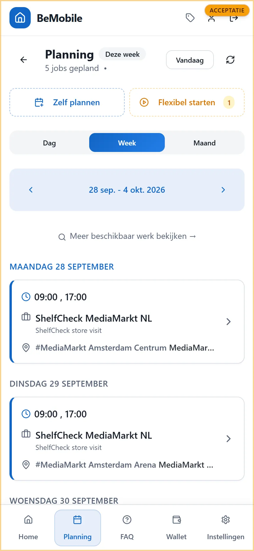 De weekweergave van de planning met zeven dagen