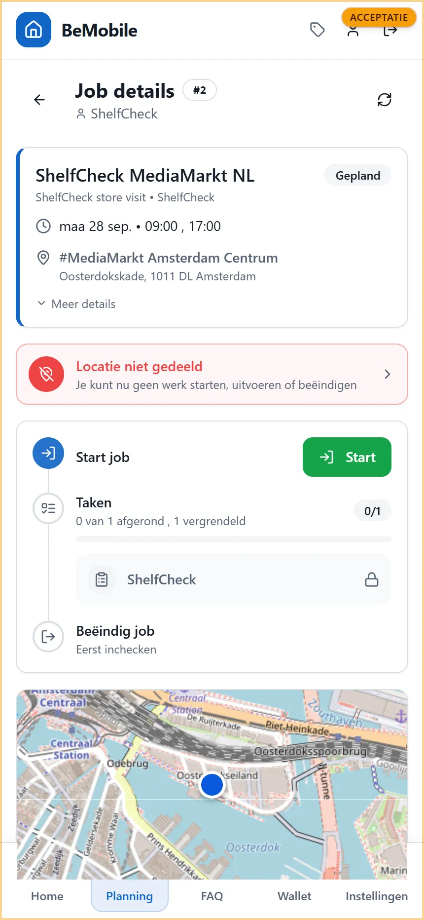 Het scherm Job details met de dienstkaart, de melding Locatie niet gedeeld en de drie stappen Start job, Taken en Beëindig job
