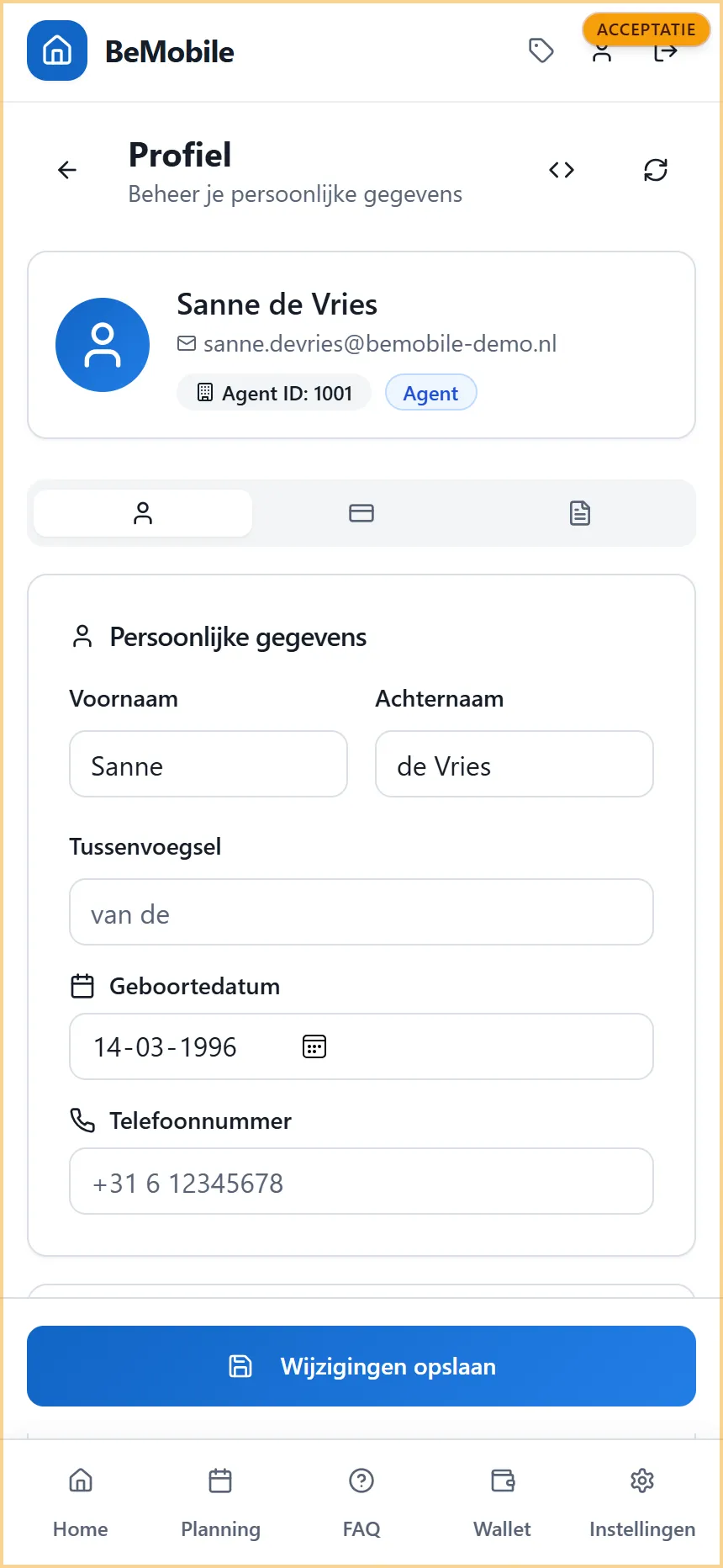 Het profielscherm van de app met naam, e-mail, het Agent ID en de tab Persoonlijke gegevens