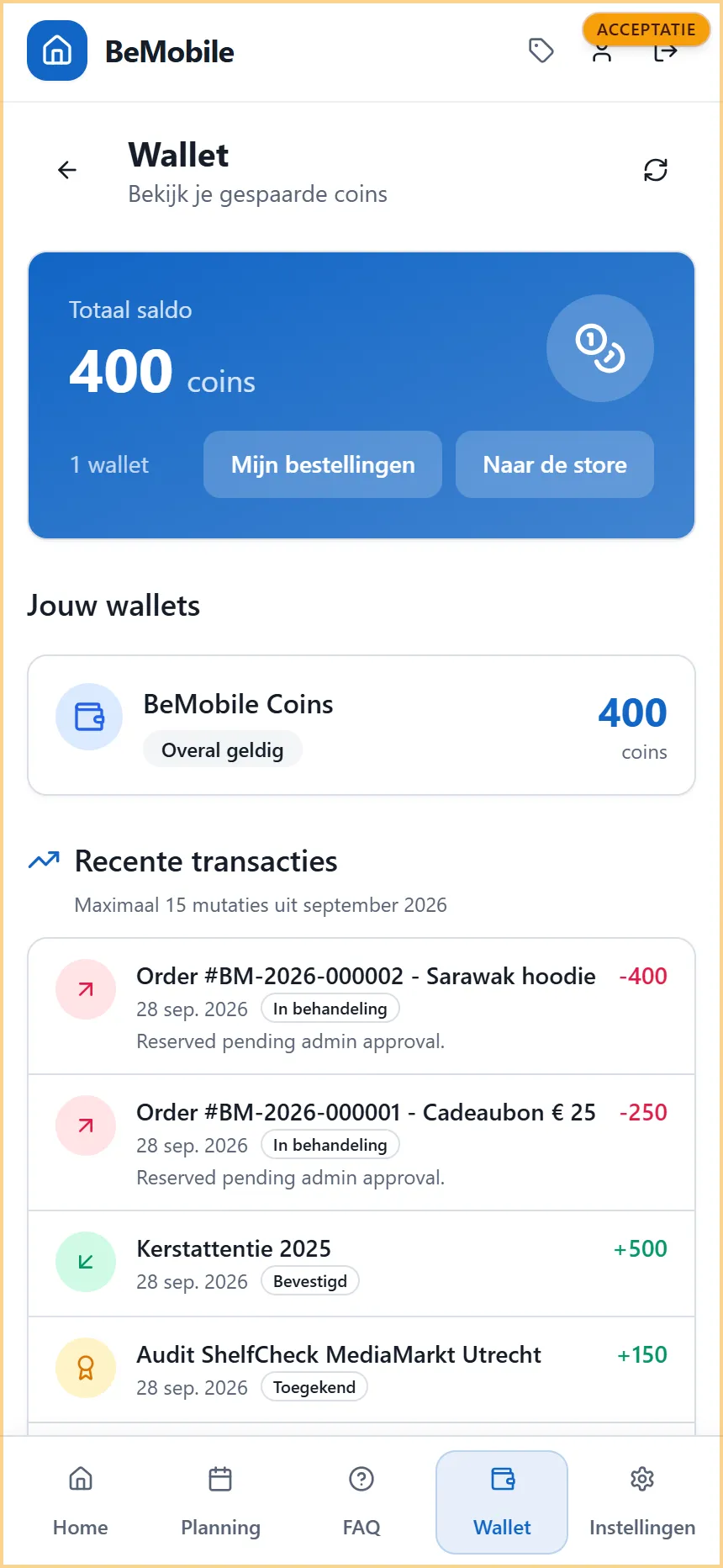 Het walletscherm van de app met het totaalsaldo, de wallet BeMobile Coins en de recente transacties