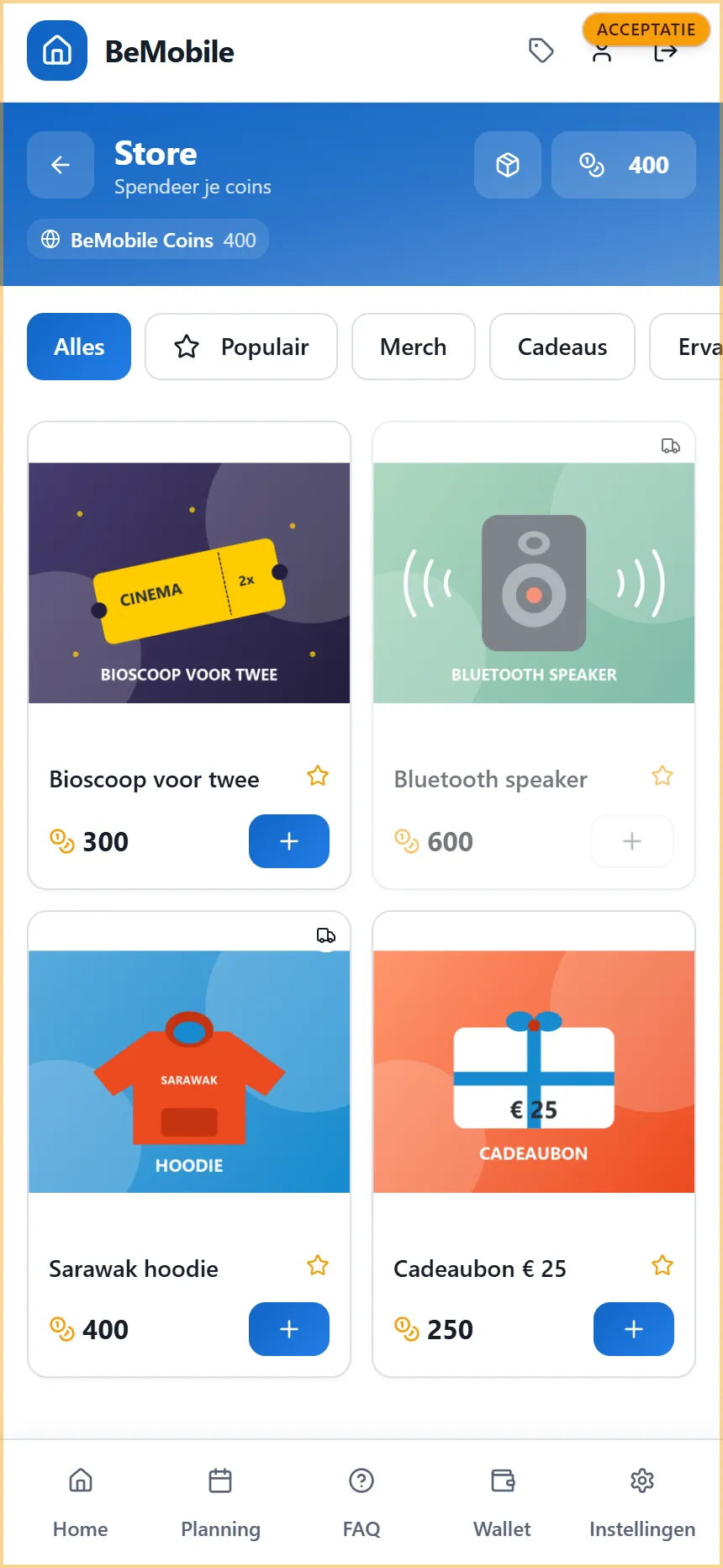 De store in de app met de categoriechips en vier producten met prijs en plusknop