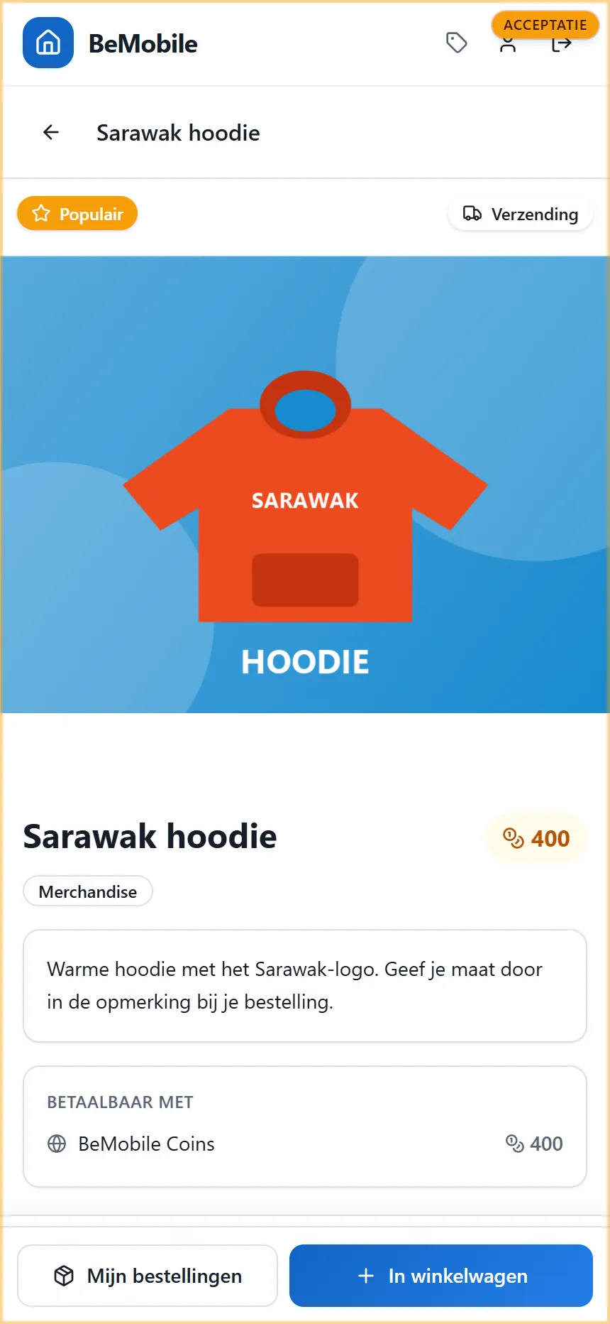 Het productdetail in de app met de afbeelding, de prijs, de beschrijving, de wallets waarmee betaald kan worden en de knop In winkelwagen