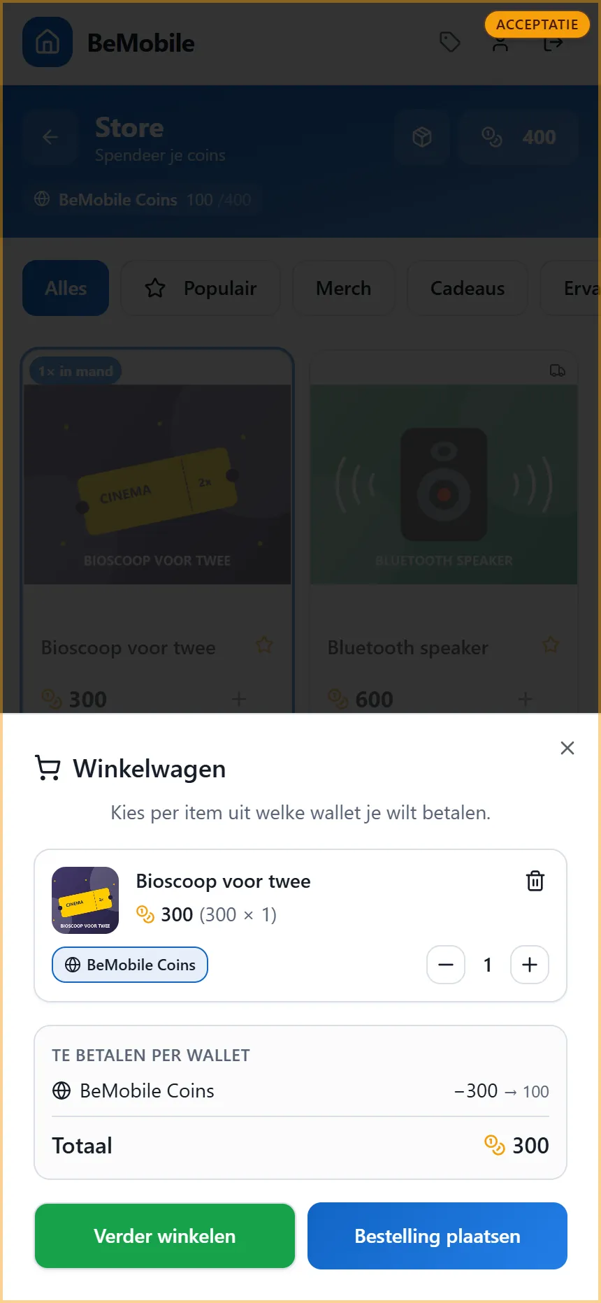 De winkelwagen in de app met één product, de gekozen wallet, het overzicht Te betalen per wallet en de knop Bestelling plaatsen