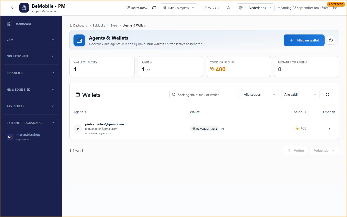 De pagina Agents & Wallets met de tellers, de filters op scope en saldo, en per agent de wallet en het saldo