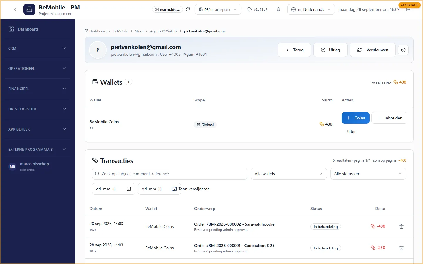 De walletpagina van een agent met de wallet BeMobile Coins, de knoppen + Coins en − Inhouden, en de transactielijst met filters