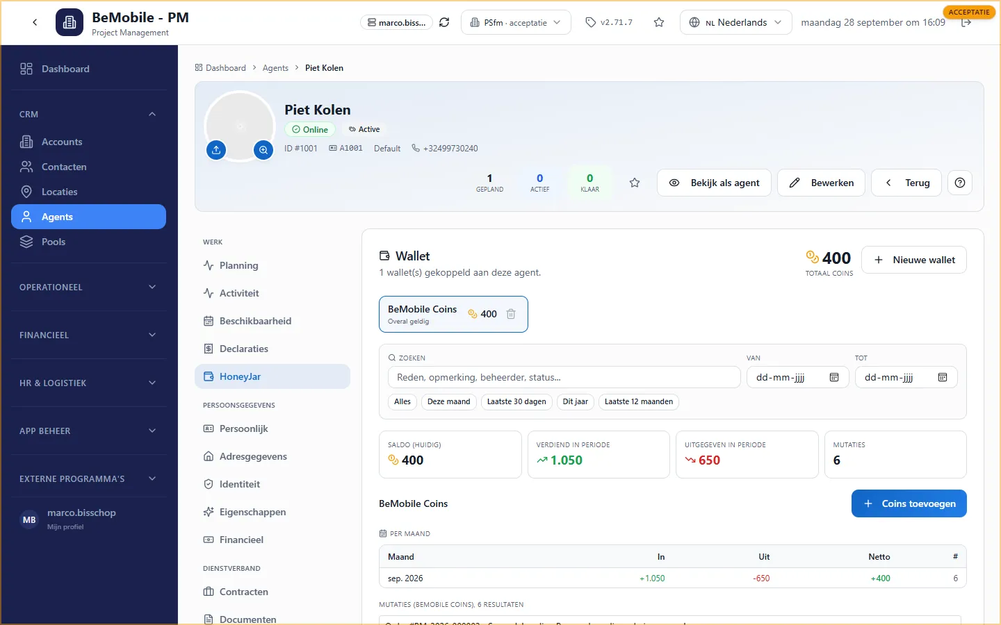 De tab HoneyJar op de agentkaart met de wallet, de periodefilters, de tellers Saldo, Verdiend, Uitgegeven en Mutaties, en het overzicht per maand